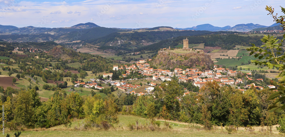 Landscapes of France. Auvergne. Panorama of medieval fortress and village