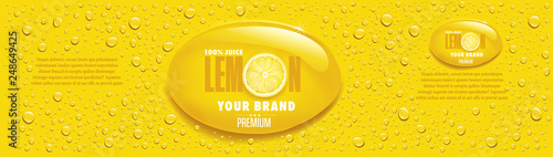 yellow lemon juice packaging with many juice drops and lemon slice