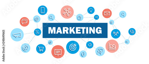 MARKETING blue and coral concept banner with network of icons