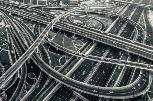 aerial view of city traffic in black and white
