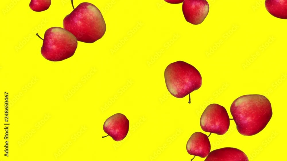 Beautiful Abstract colorful animation of Red Apples falling and rotating against yellow background. Abstract background, 4K. Beautiful Abstract colorful animation of Red Apples falling and rotating against yellow background. Abstract background, 4K.
