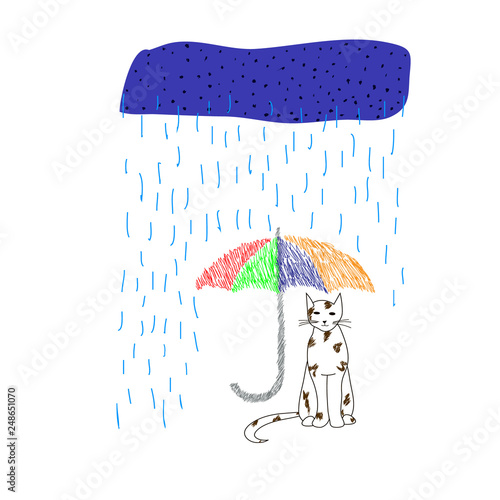 The cat is hiding from the rain under an umbrella. Hand written postcard. Cute simple vector.