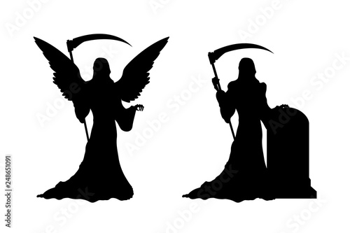 Black silhouette of death with scythe. Statue of dark angel on gothic cemetery. Halloween symbol. Isolated image of hell reaper. Tombstone of catholic graveyard