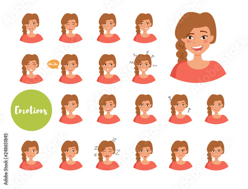 Woman with different emotions. Joy, sadness, anger, talking, funny, fear, smile. Set. Isolated illustration on white background. Vector. Cartoon. Flat. Face expressions