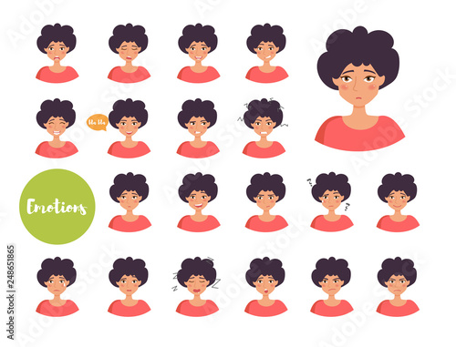 Woman with different emotions. Joy, sadness, anger, talking, funny, fear, smile. Set. Isolated illustration on white background. Vector. Cartoon. Flat. Face expressions