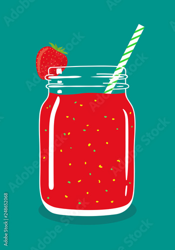  Red berry juice smoothie in mason jar with strawberry and swirled straw isolated on background. Fresh natural healthy fruit and berry drink. Vector hand drawn illustration eps10.