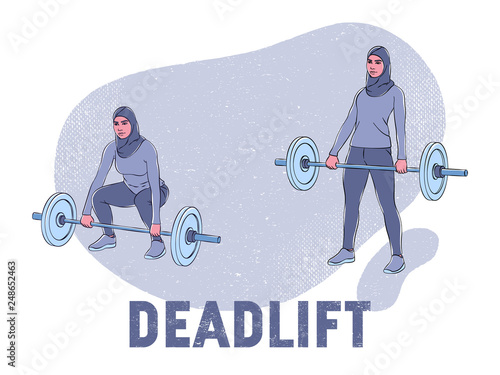 Colorful illustration of a woman in a hijab who is doing deadlift