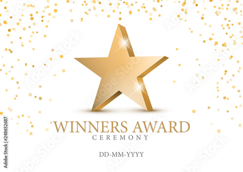Winner award. gold star 3d symbol. Poster template for event party. Vector illustration