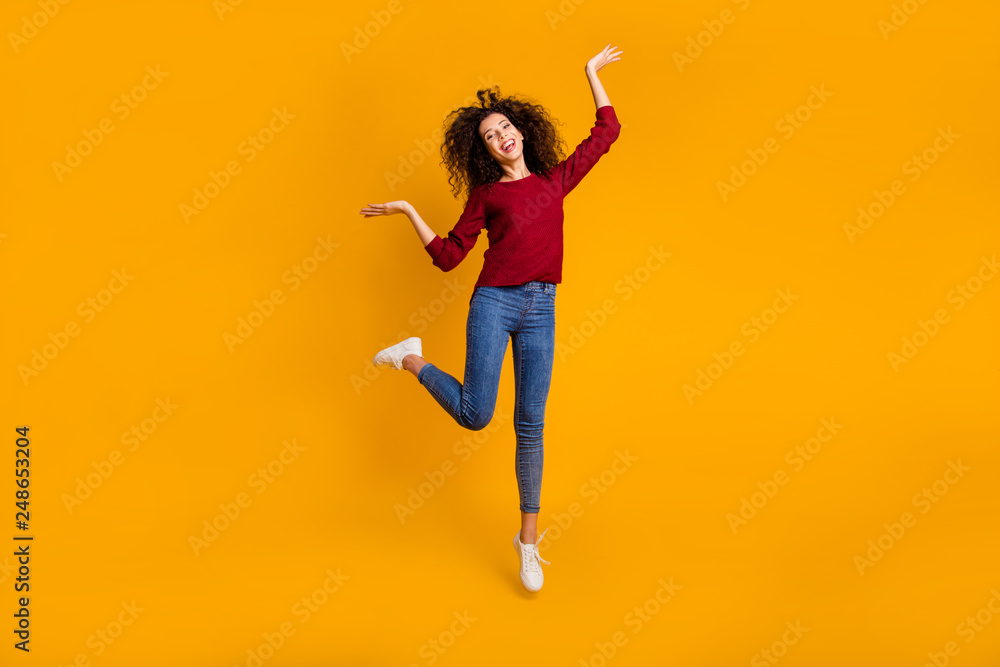 Full length body size view of her she nice attractive cheerful cheery free slim fit wavy-haired lady enjoy rejoice good day daydream isolated on bright vivid shine orange background
