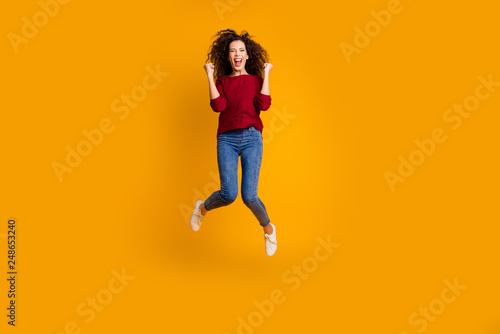 Full length body size view of her she nice crazy attractive cheerful cheery glad funny ecstatic slim thin fit wavy-haired lady satisfaction isolated on bright vivid shine orange background
