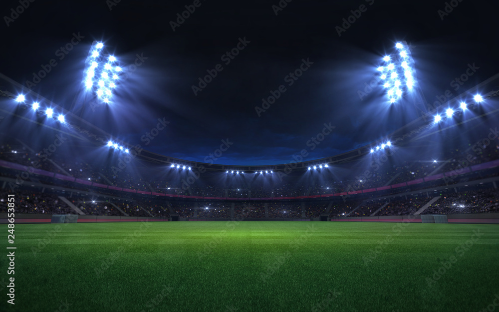 Naklejka uniwersalny stadion trawy oświetlone przez reflektory i pusty plac zabaw zielona trawa, wielki budynek sportowy cyfrowy tło reklamy 3D tle ilustracji