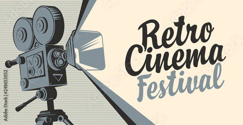 Vector poster for retro cinema festival with old fashioned movie projector or camera. Movie background with calligraphic inscription. Can be used for flyer, banner, poster, web page, background