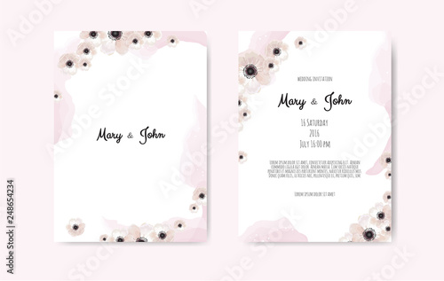 Trendy spring flowers vector invitation templates. Watercolor paint textured petals background.
