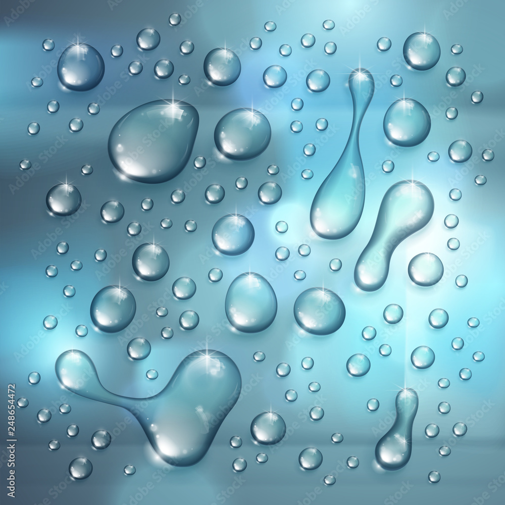 Water rain drops or condensation over blurred background beyond the window realistic transparent 3d vector illustration, easy to put over any background or use droplets separately. Water rain drops or condensation over blurred background beyond the window realistic transparent 3d vector illustration, easy to put over any background or use droplets separately.