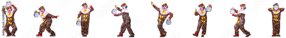 Funny male clown with alarm-clock