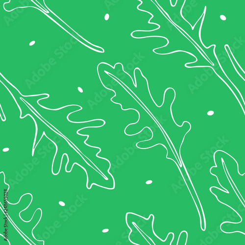 Seamless pattern with hand drawn drawing of ruccola.Black  linear art of arugula. Poster with healthy vegetarian food. Art can be used for cafe restaurant menu design.