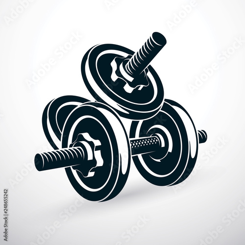 Dumbbell vector illustration isolated on white with disc weight. Sport equipment for power lifting and fitness training.