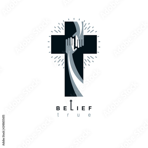 Christianity Cross true belief in Jesus vector symbol, Christian religion icon. Hand of believer extends to the hand of God, helping and love of Jesus.