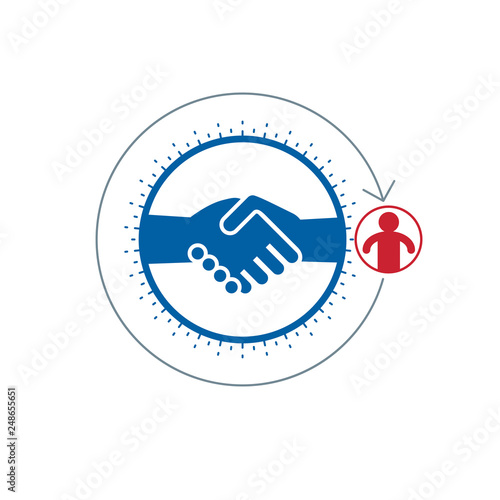 Social Relations conceptual logo, unique vector symbol. Hands contacting and Handshake sign, social deal, social interaction.