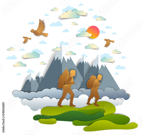 Active father and teenage son hiking through grasslands to mountains, birds in the summer sky. Fatherhood, hiker men having time of freedom in nature summer holidays, vector illustration.