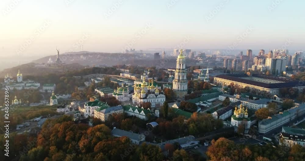 Aerial view of Kiev Pechersk Lavra, Kiev, Kyiv, Ukraine. Kyiv-Pechersk Lavra on a hill on the banks of Dnipro river. Aerial view of Kiev Pechersk Lavra, Kiev, Kyiv, Ukraine. Kyiv-Pechersk Lavra on a hill on the banks of Dnipro river.