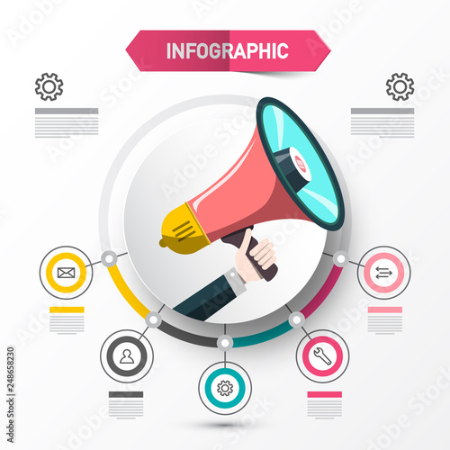 Infographic Concept with Megaphone. Data Flow Chart Template with Circle Labels. Vector Web Layout for Companies. Four Steps Infographics Announcement Design.