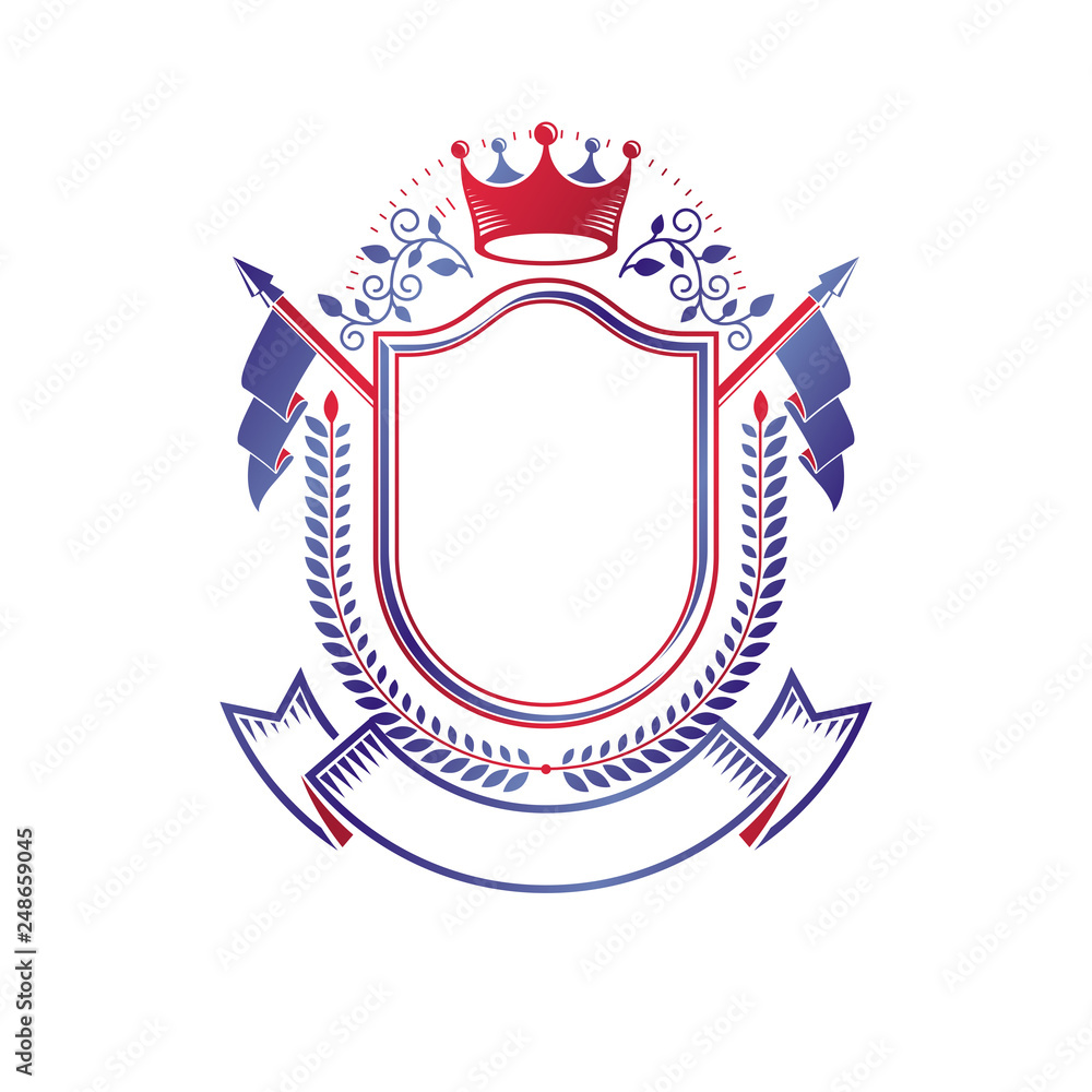 Graphic emblem composed using majestic crown and flags. Heraldic Coat of Arms decorative logo isolated vector illustration Graphic emblem composed using majestic crown and flags. Heraldic Coat of Arms decorative logo isolated vector illustration