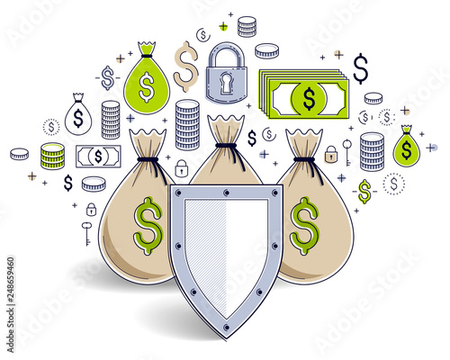 Shield over 3 money bags,  financial security concept, business and finance protection, investments credits and deposit banking idea, vector design.