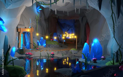 Low Poly Crystal Mine Adventure landscape. 3D Illustration. 