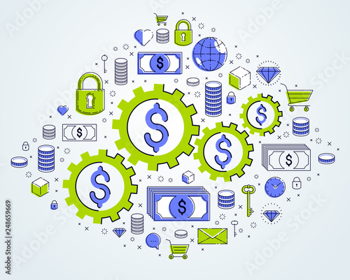 Economy system and business concept, gears and cogs mechanism with dollar signs and icon set, allegory design of systematic business and financial activity, vector illustration.