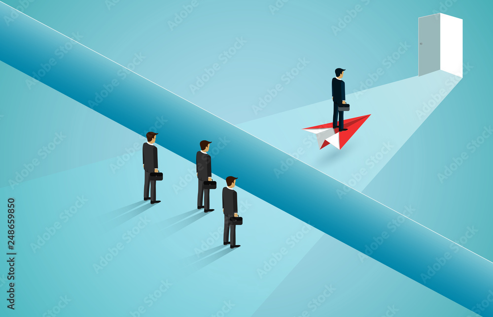 Businessmen standing on a red paper plane Cross the cliff obstacles to the opposite success goal. Business competition. leadership. illustration cartoon vector