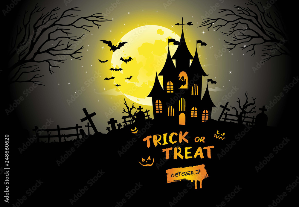 Halloween Poster, night background with creepy castle and pumpkins, illustration. Greeting card halloween celebration, halloween party poster.