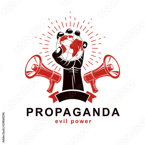 Raised arm holds Earth globe, vector logo composed using loudspeakers. Propaganda as the method of global ideology imposing, dissemination of information.