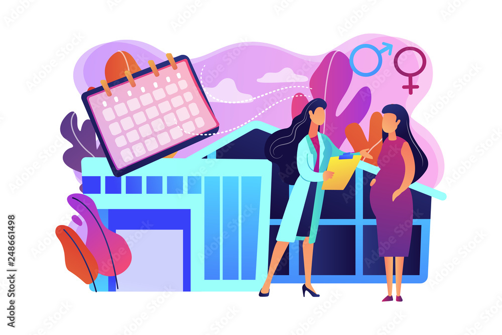 Doctor provides health services to pregnant woman and during labour. Maternity services, maternal perinatal health, pregnancy and birth care concept. Bright vibrant violet vector isolated illustration Doctor provides health services to pregnant woman and during labour. Maternity services, maternal perinatal health, pregnancy and birth care concept. Bright vibrant violet vector isolated illustration