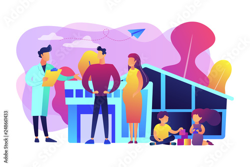 Family phisician with husband, pregnant wife and playing children. Family doctor, medical family practice, primary healthcare care concept. Bright vibrant violet vector isolated illustration