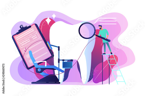 Dentist with magnifier on ladder examining huge patient tooth and dental chair. Private dentistry, dental service, private dental clinic concept. Bright vibrant violet vector isolated illustration