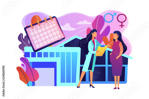 Doctor provides health services to pregnant woman and during labour. Maternity services, maternal perinatal health, pregnancy and birth care concept. Bright vibrant violet vector isolated illustration