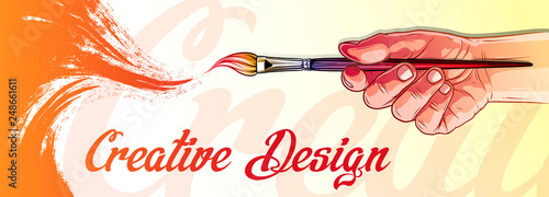 Cartoon white human hand holding colorful paint brush. Creative design. Vector background.