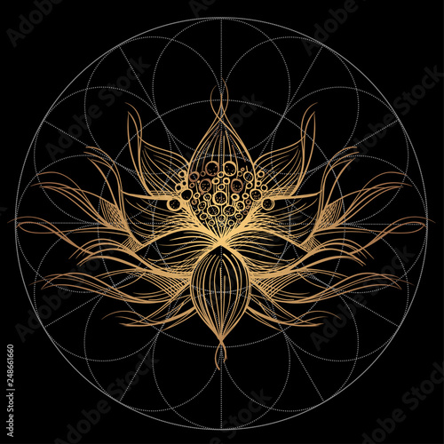 Elegant golden element of a stylized flower with smooth lines. Decorative floral pattern.