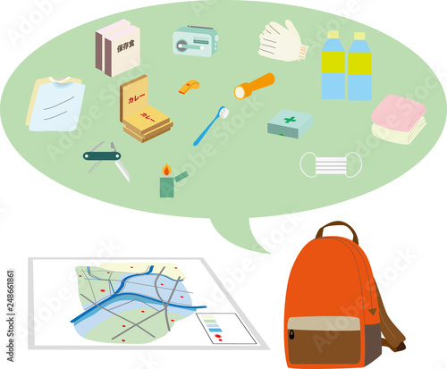 Illustration of disaster hazard map and disaster prevention goods.