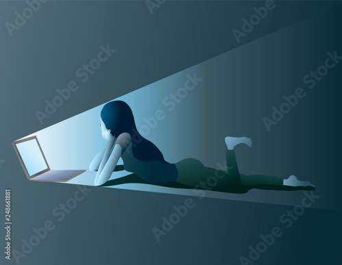 Cartoon character girl with laptop lying at home. Chat, dating, learning and searching information online. Freelance design concept. - vector illustration