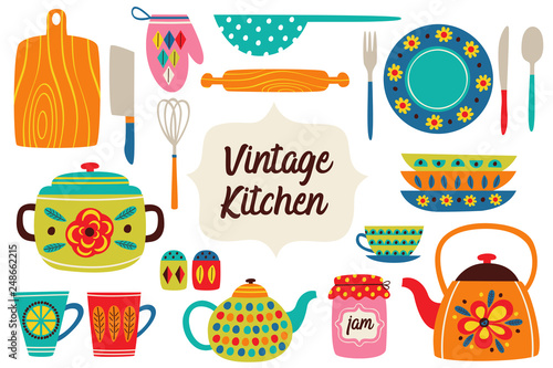 set of isolated vintage kitchen utensils part 1 - vector illustration, eps