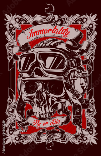 Graphic realistic detailed old human skull in leather retro pilot helmet with glasses and ribbons. In frame with floral elements. On red background. Vector icon.