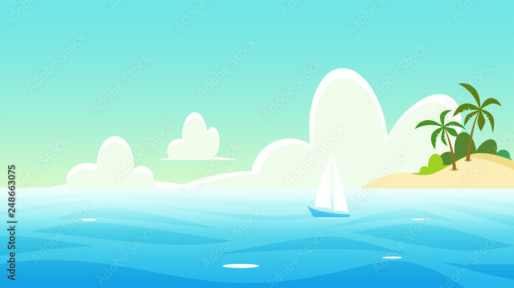 Vector seascape with yacht and tropical island
