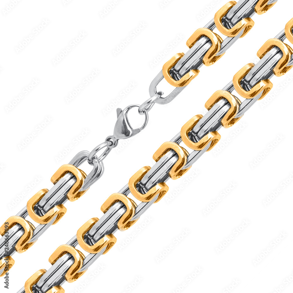 Fototapeta premium Silver and Golden Chain necklace isolated on white