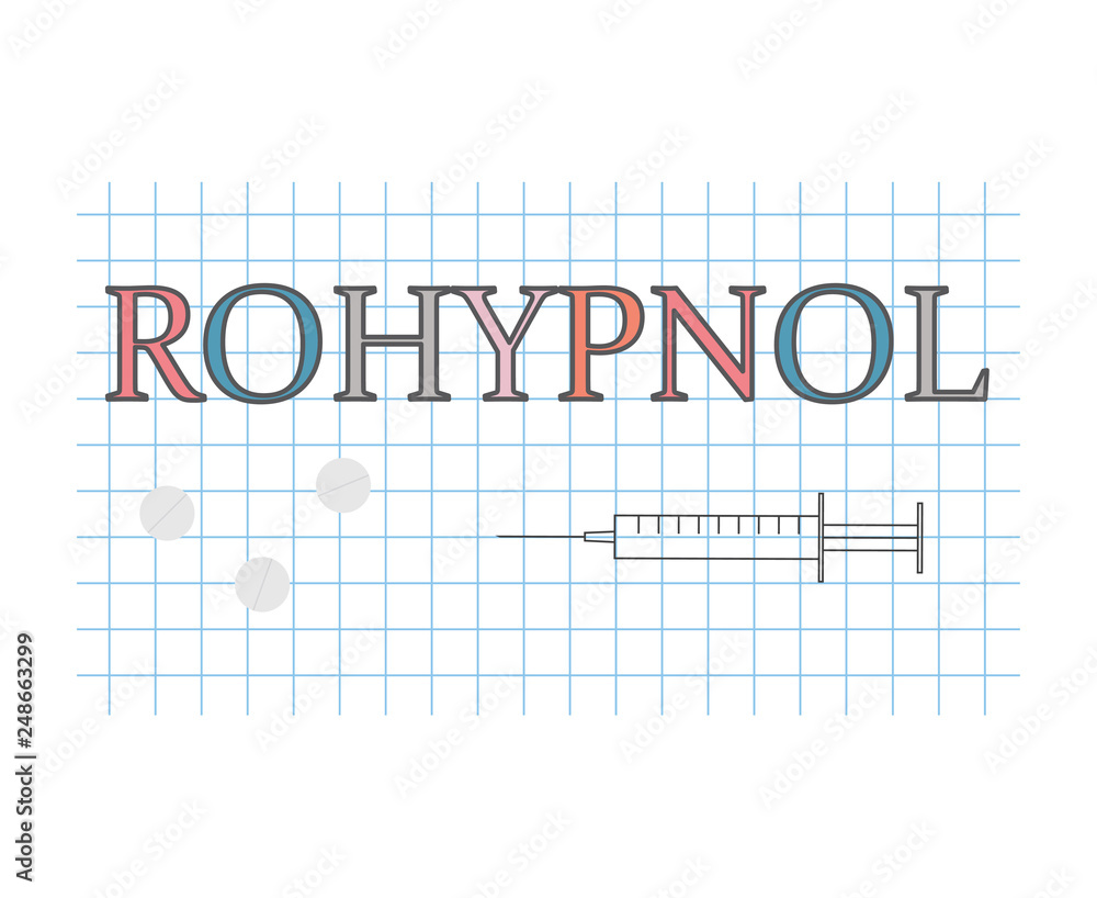 Rohypnol word on checkered paper sheet- vector illustration
