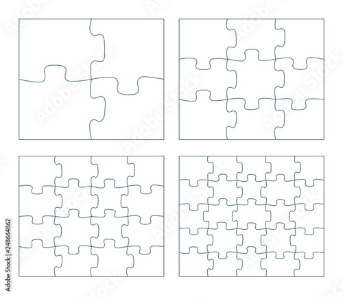 Sets of puzzle pieces vector illustration. 2 x 2, 3 x 3, 4 x 4. 5 x 5 jigsaw game outline pieces picture