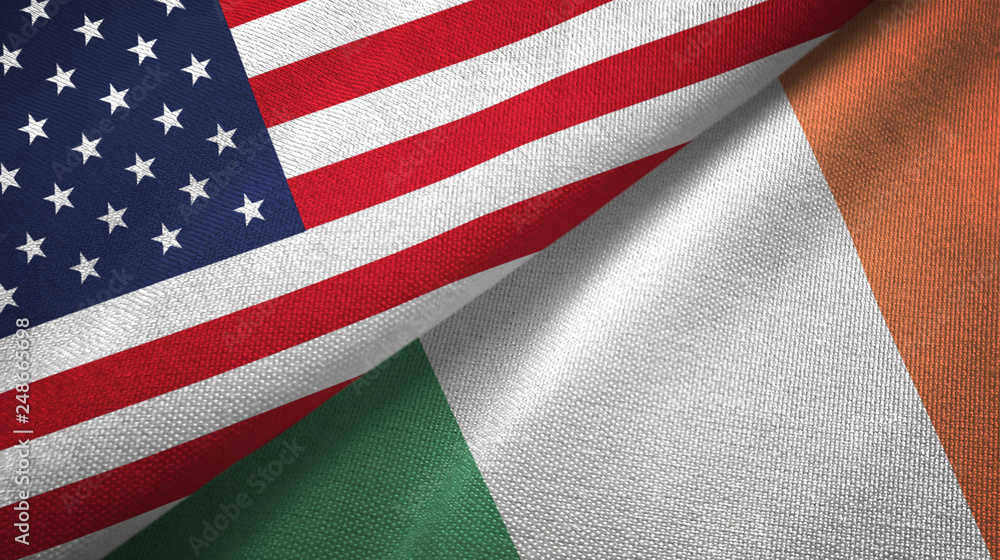 Fototapeta premium United States and Ireland two flags textile cloth, fabric texture