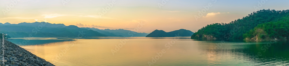 Panorama view after sunset of Kwai Yai river at Srinagarind Dam in Kanchanaburi, Thailand
