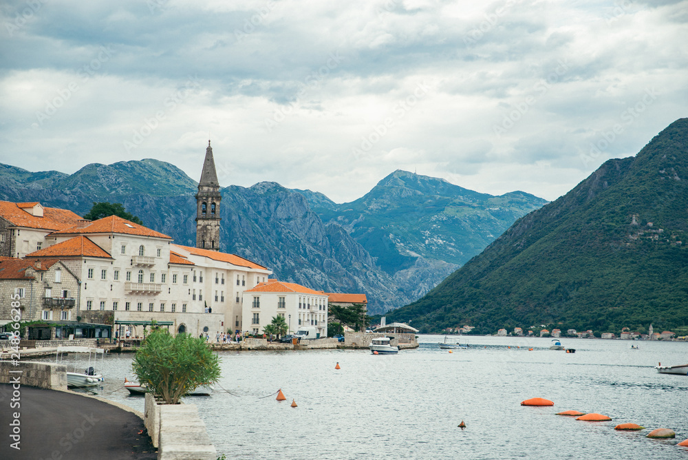 beautiful view of Perast town in Montenegro. overcast weather